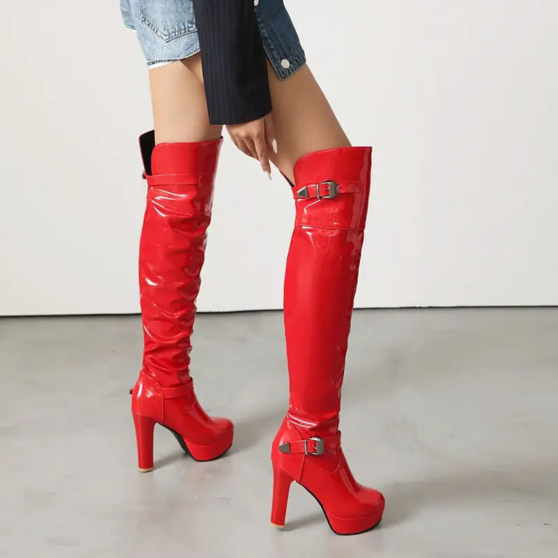 REAVE CAT Sexy Shiny Women Thigh Boots Round Toe Ultrahigh Heels 11cm Platform 3cm Belt Buckle Meta Decor Party Dating Booties view 5