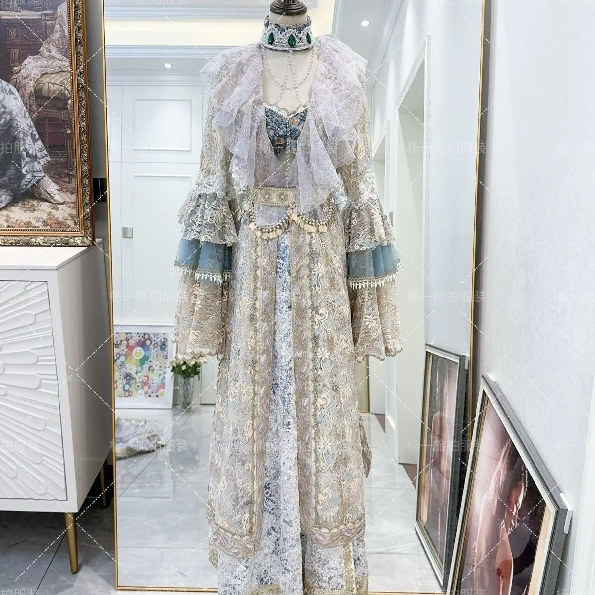 Women Dunhuang Style Cos Set Lace Flare‑Sleeve Robe Embroidery Maxi Dress For Studio Travel Shooting Attire