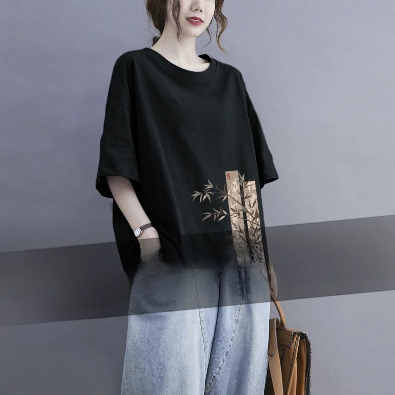 

Повседневная черная женская футболка большого размера, утягивающая, в винтажном стиле, летний топ, модная универсальная хлопковая футболка с круглым вырезом