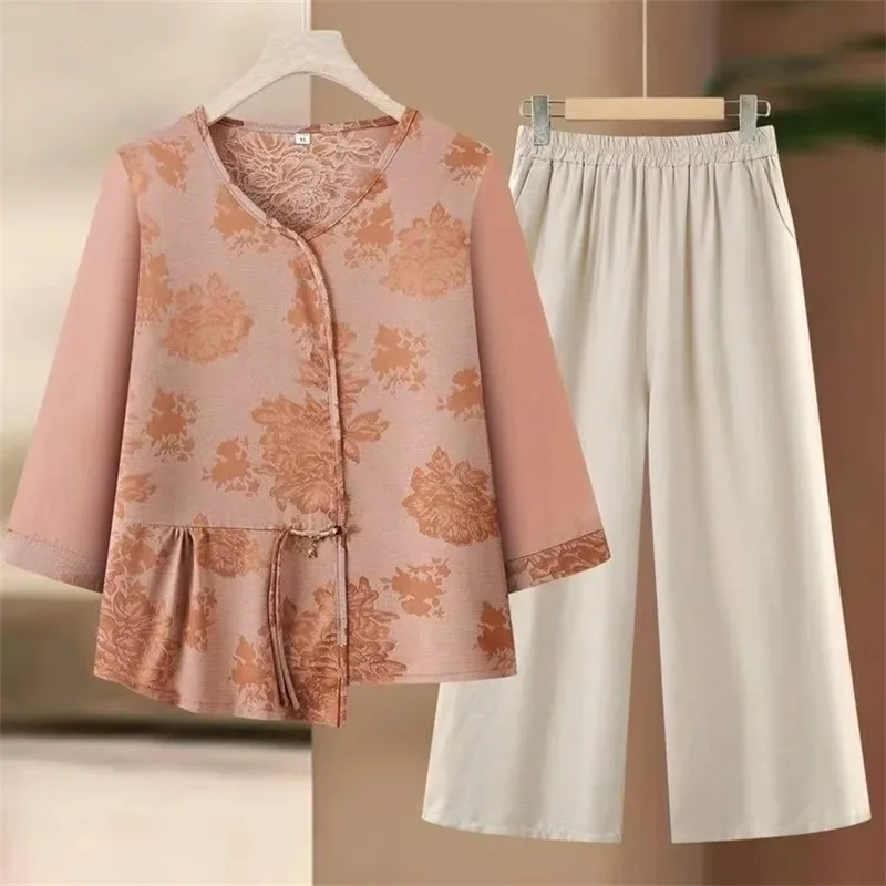 

Летняя женская блузка с коротким рукавом, 2 шт., 2025 г., женские свободные топы с v-образным вырезом, модная рубашка среднего возраста для мам, большой размер 5XL, комплект из двух предметов