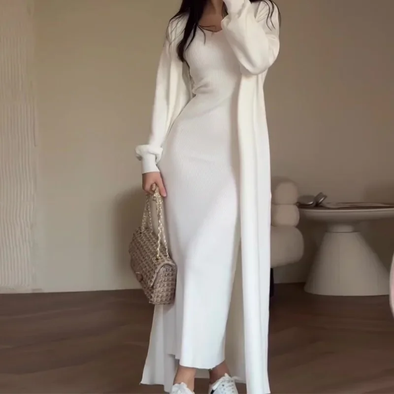 Solid Color Casual Set Women's Spring/Autumn New Long Slim Fit Knitted Cardigan+Sleeveless Tank Top Dresses Two-piece Sets