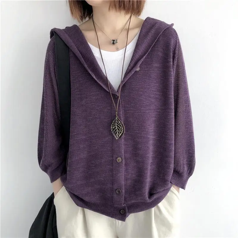 Women\'s Spring Summer New Commute Solid Color Loose Large Hooded Thin Sweater Hollow Out 3/4 Sleeve Button Knitted Cardigan Coat