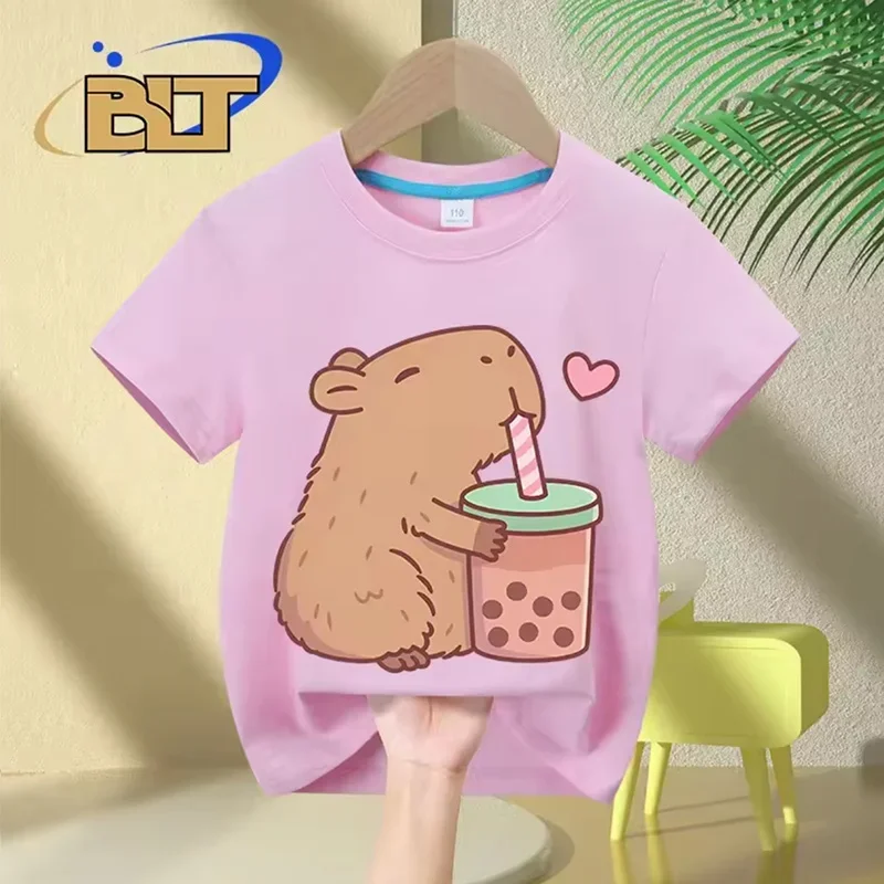 Cute Capybara Loves Bubble Tea print kids T-Shirt summer children's short-sleeved casual tops boys and girls gifts
