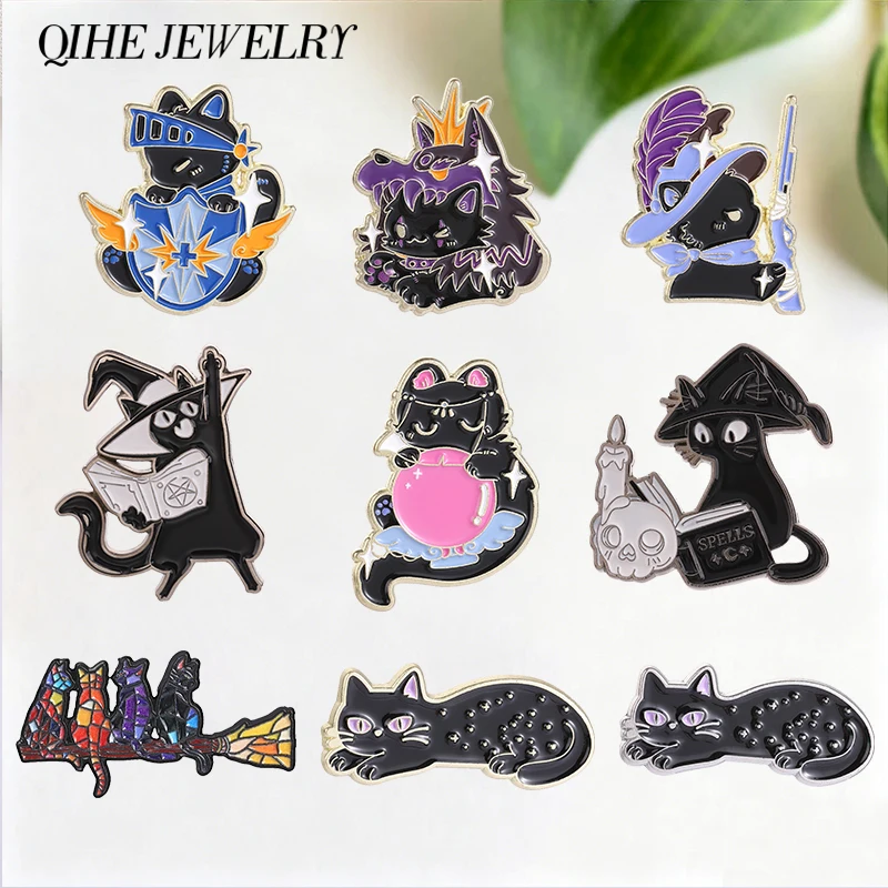 Fantasy Wizard Magic Black Cat Enamel Pin Mystical Knight Witch Werewolf Cat Game Character Brooch Jewelry Gift Bag Lapel Badges