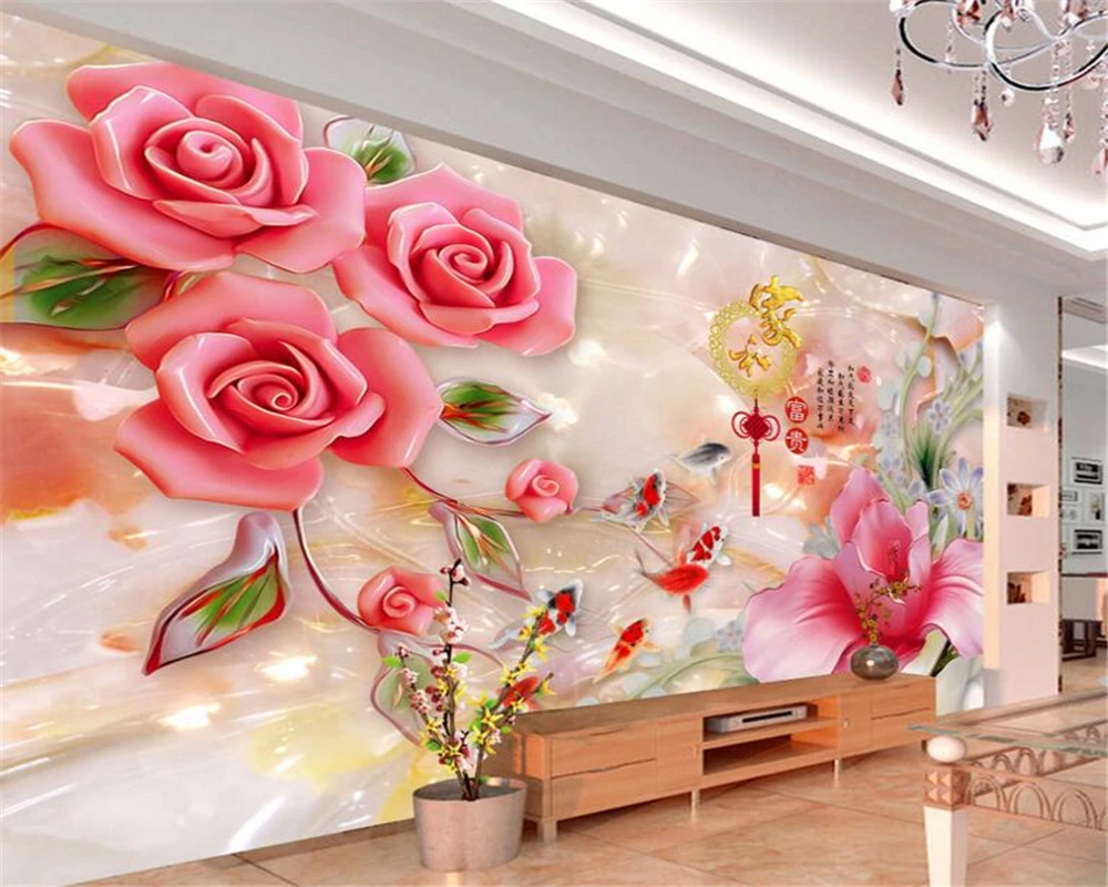 Customized products 8D wallpaper flower rich jade carving magnolia rose mural Living room TV background wall bedroom restaurant
