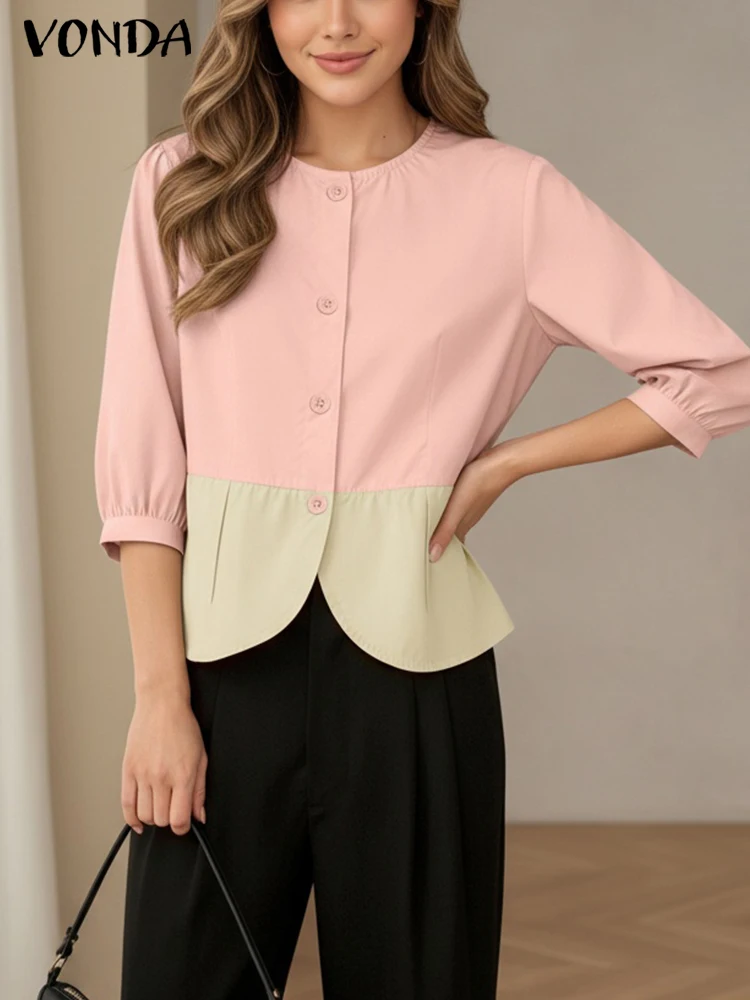 VONDA Camicie moda Donna Top Estate Manica 3/4 Patchwork di colore Camicetta casual 2025 Elegante streetwear Office Lady Blusas