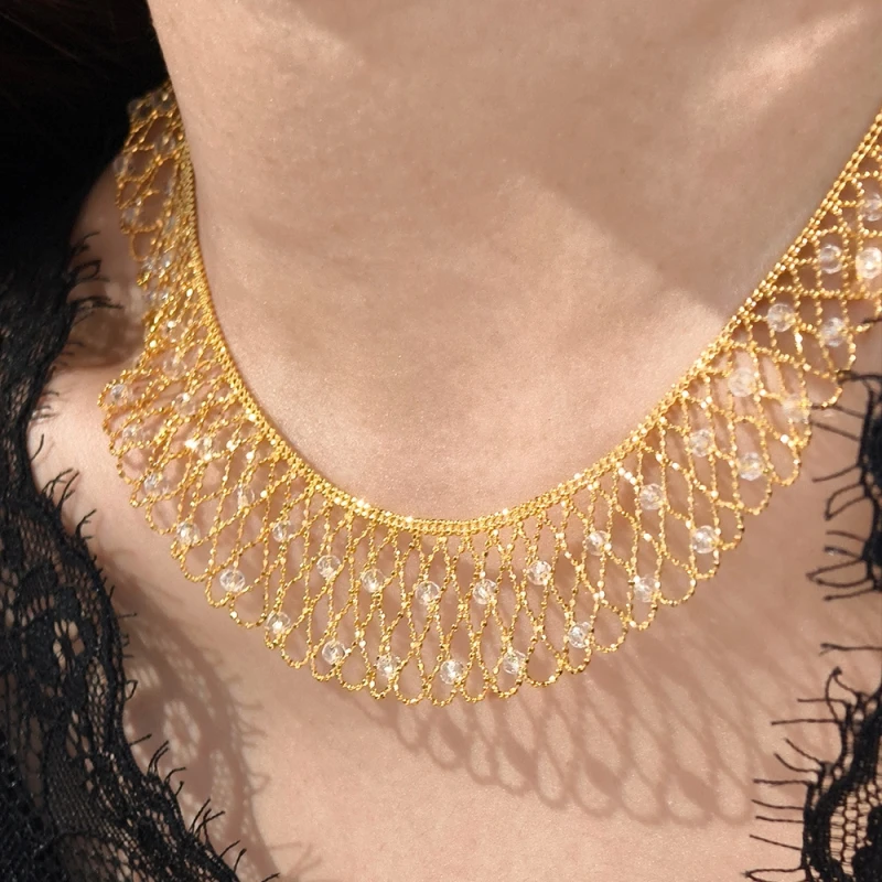 

Bellux 925 Silver Gold Plated Lace Choker Vintage Filigree Wedding Necklace for Women Elegant Elegant Bridal Prom Jewelry Gift