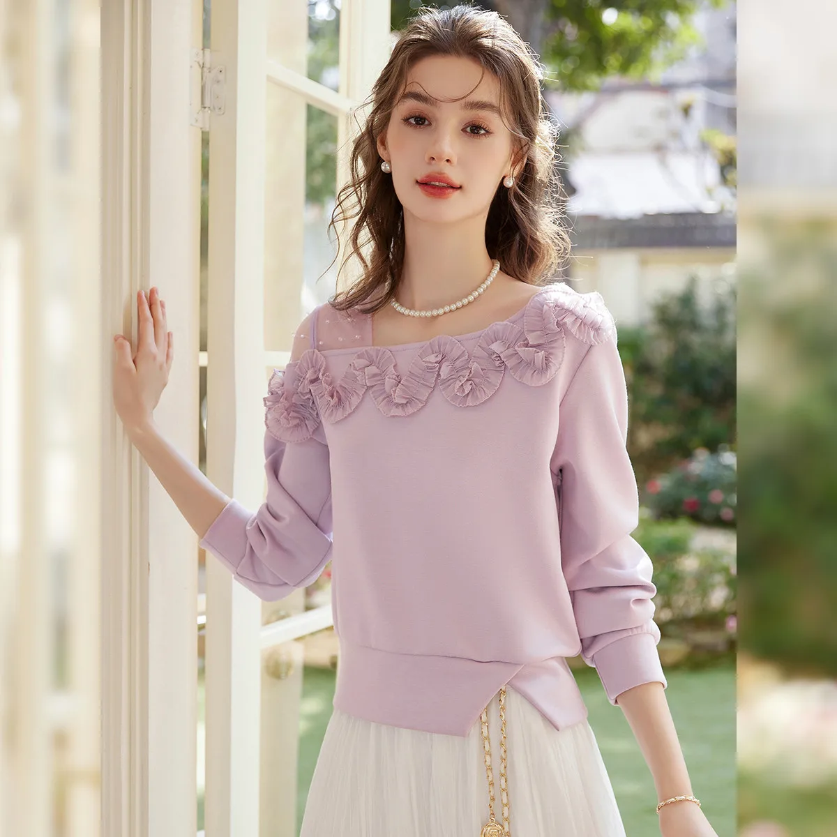 LOUIS YAO Sweet Irregular Neck Splice Sweatshirt 2026 Spring Elegant Hoodie 3D Flower Knitted Hem Slit Lace Women's Pullover