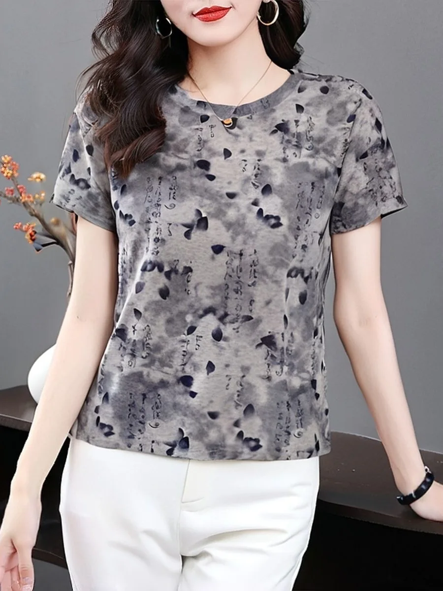 

Fashionable Water-Media Printed Short-Sleeve T-Shirt for Mom Middle-Aged And Elderly Women Loose And Stylish Top