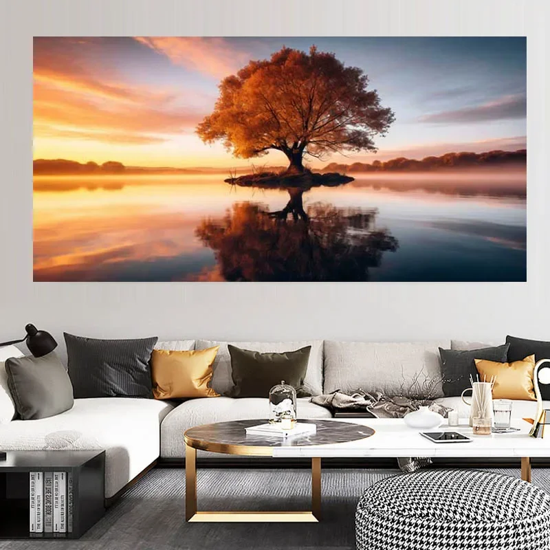 Large Size Art Modern Red Tree Bench Landscape Canvas Paintings For Living Room Wall Posters Bedroom Pictures Home Decoration