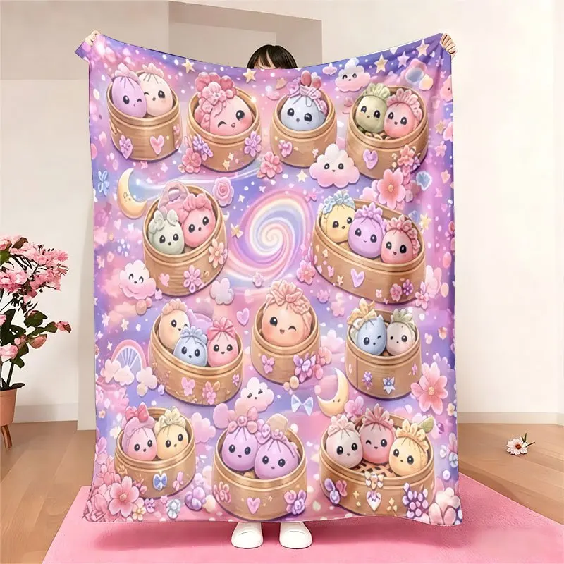 Dreamy Purple Starry Cloud Cherry Blossom Cartoon Dumpling Flannel Blanket, Full Print Bamboo Steamer with Bow And Colorful Soup