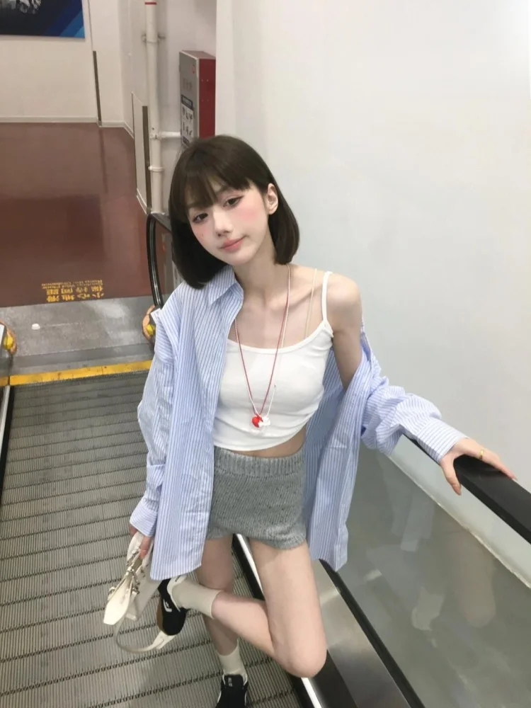 

Blue Casual Stripe Long Sve irt Women's Summer Korean Sle Sun Protection Top Faionable Versatile Loose Fit Ne