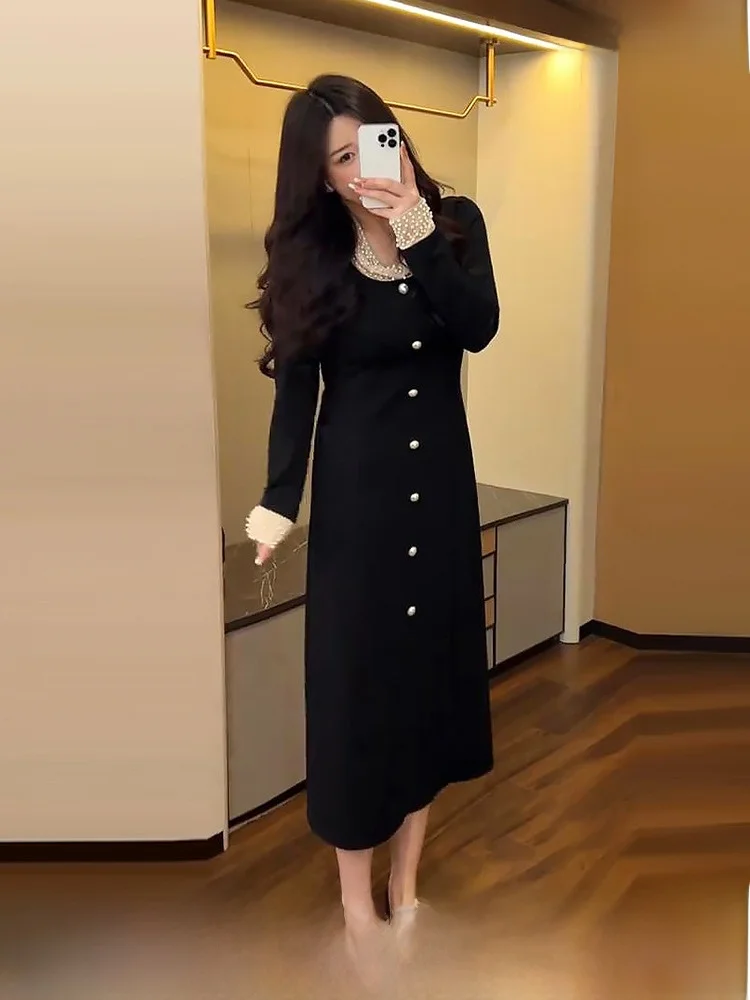 

Длинное платье с жемчугом, большие размеры, женская модная осенне-зимняя новинка Sle Little Bla Dr, утягивающая юбка трапециевидной формы