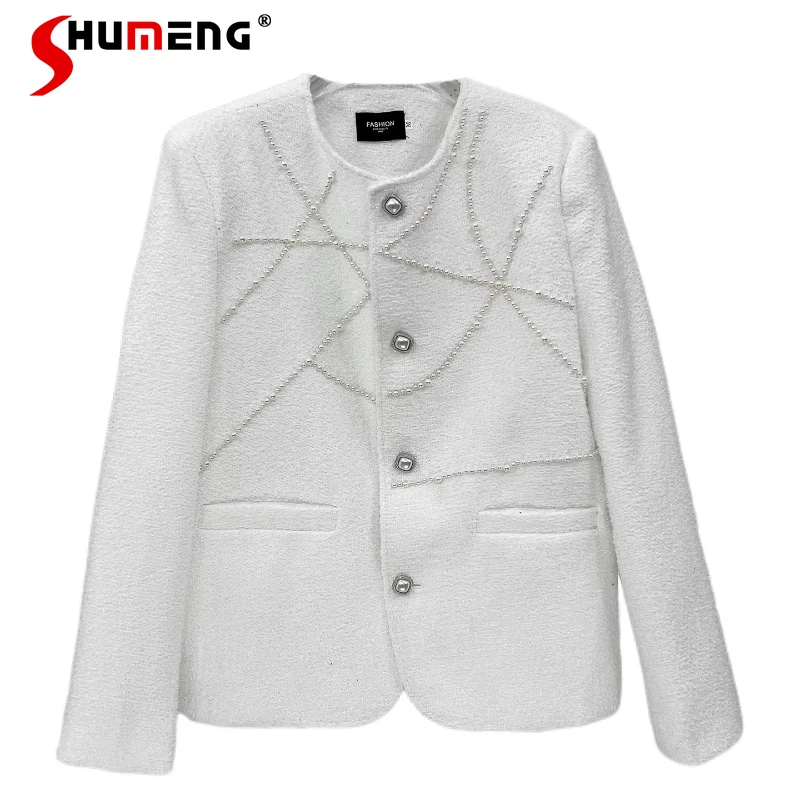 

Men's 2025 Autumn New Chic Jackets Male Beaded Small Fragrant Tweed Shiny Jackets Loose Trendy Padded Shoulder Long Sleeve Coats