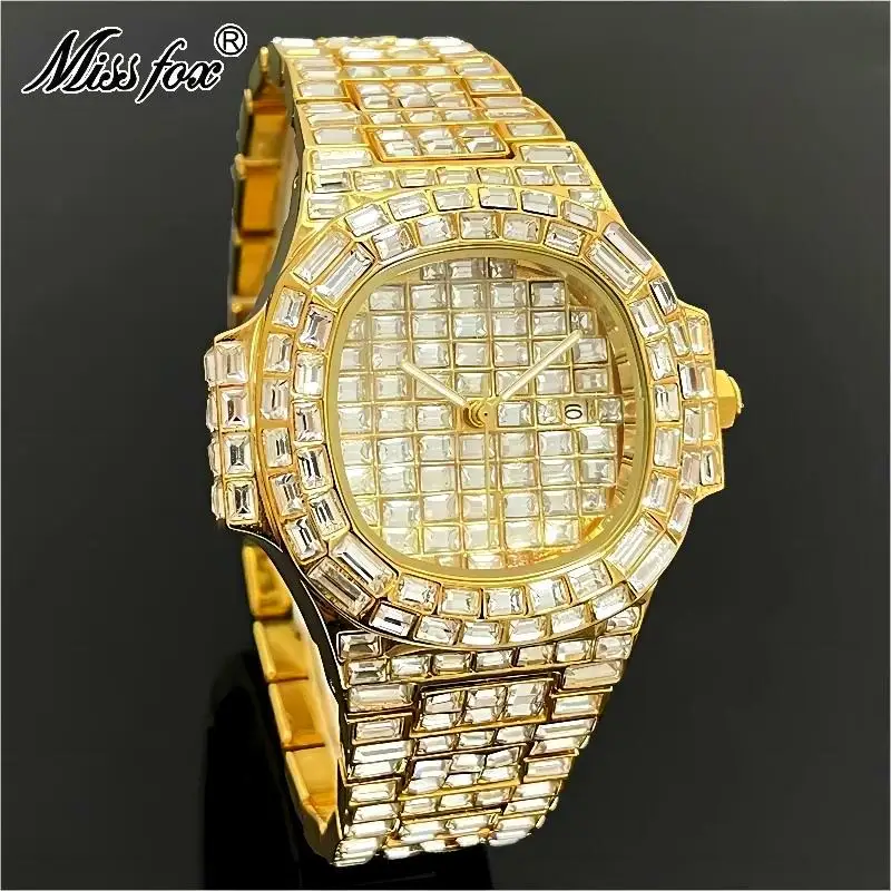 MISSFOX Luxury Gold Watch For Men Hip Hop Brand Iced Out Diamond Quartz Clock  Automatic Date Full Steel Wristwatches Gift Reloj