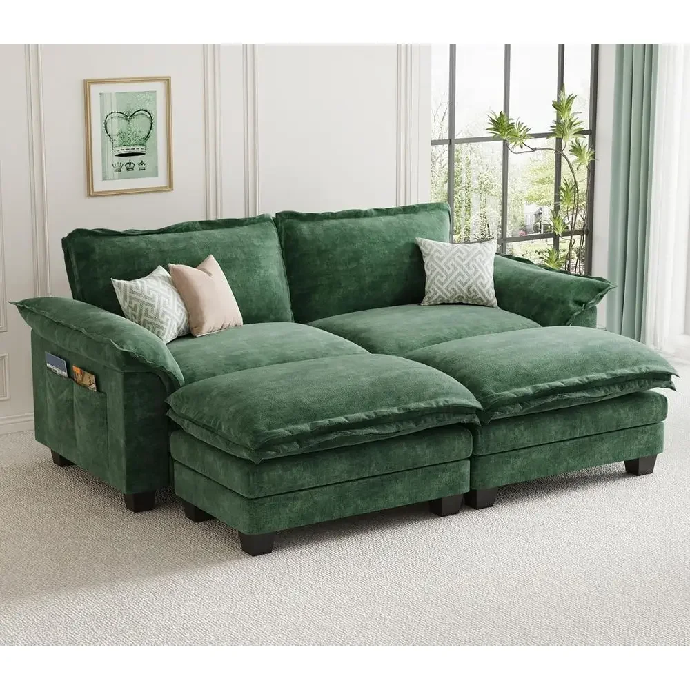 

Sectional Sofa Bed with Ottoman, 4-Seat Cloud Couch with Ottoman, Chenille Sectional Sofas for Living Room, Green