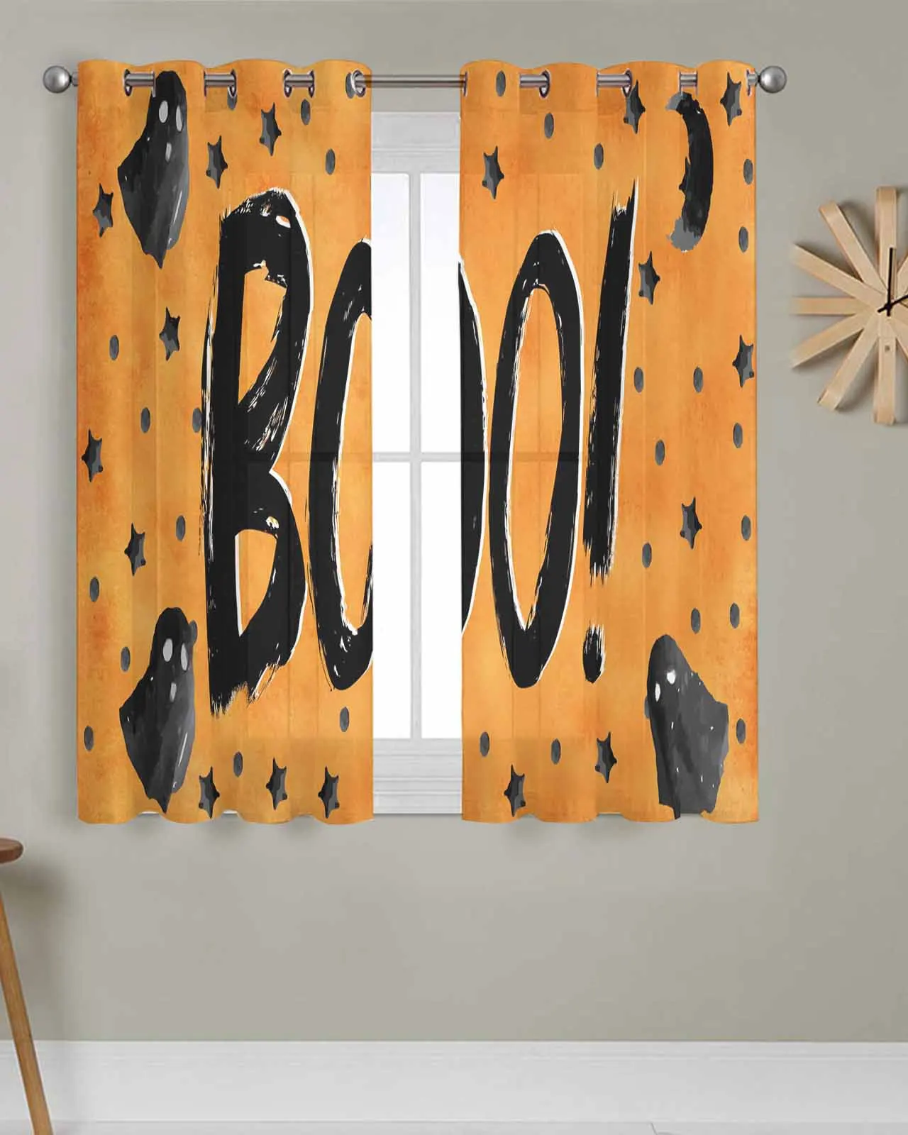 

Tulle Window Curtains Orange Background BOO Ghosts for Living Room Bedroom Transparent Chiffon Sheer Voile Window Curtain