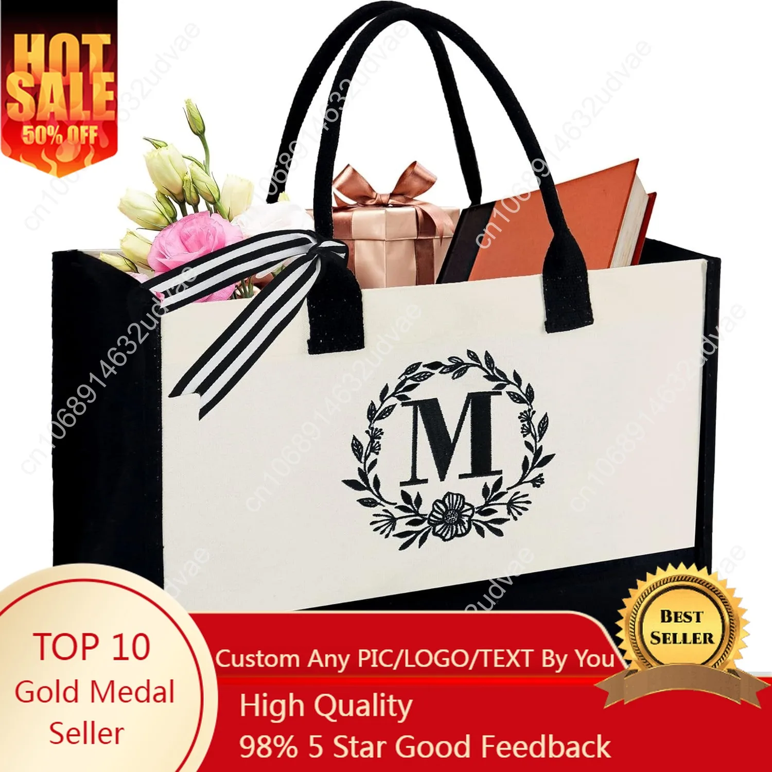 BeeGreen Gift Basket Monogram Initial Canvas Tote Bag with Pocket Embroidery Personalized Tote for Mom Teacher Friend