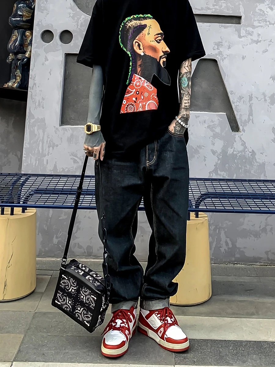 

Dsle Men's Loose Straight Leg Jeans Waed Denim Pants Youth Faion Casual Wear Resistant Cotton Polyester Blend