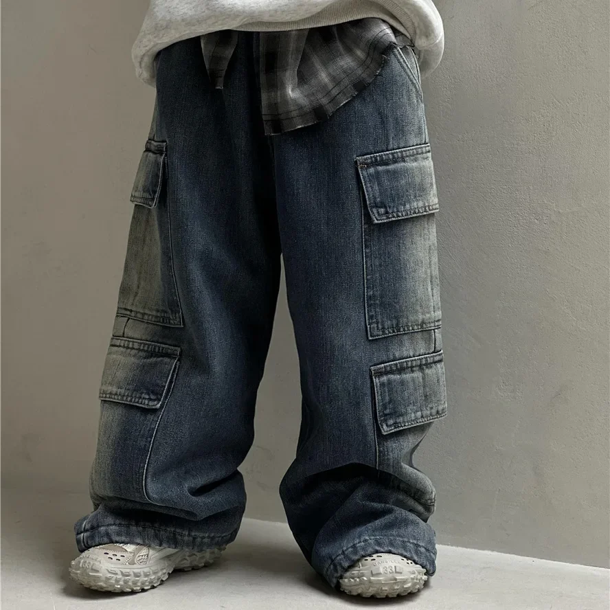 

Children Clothing Fashion Casual Thick Cargo Jeans 2024 Autumn and Winter New Boys American Style Retro Personality Fleece Jeans