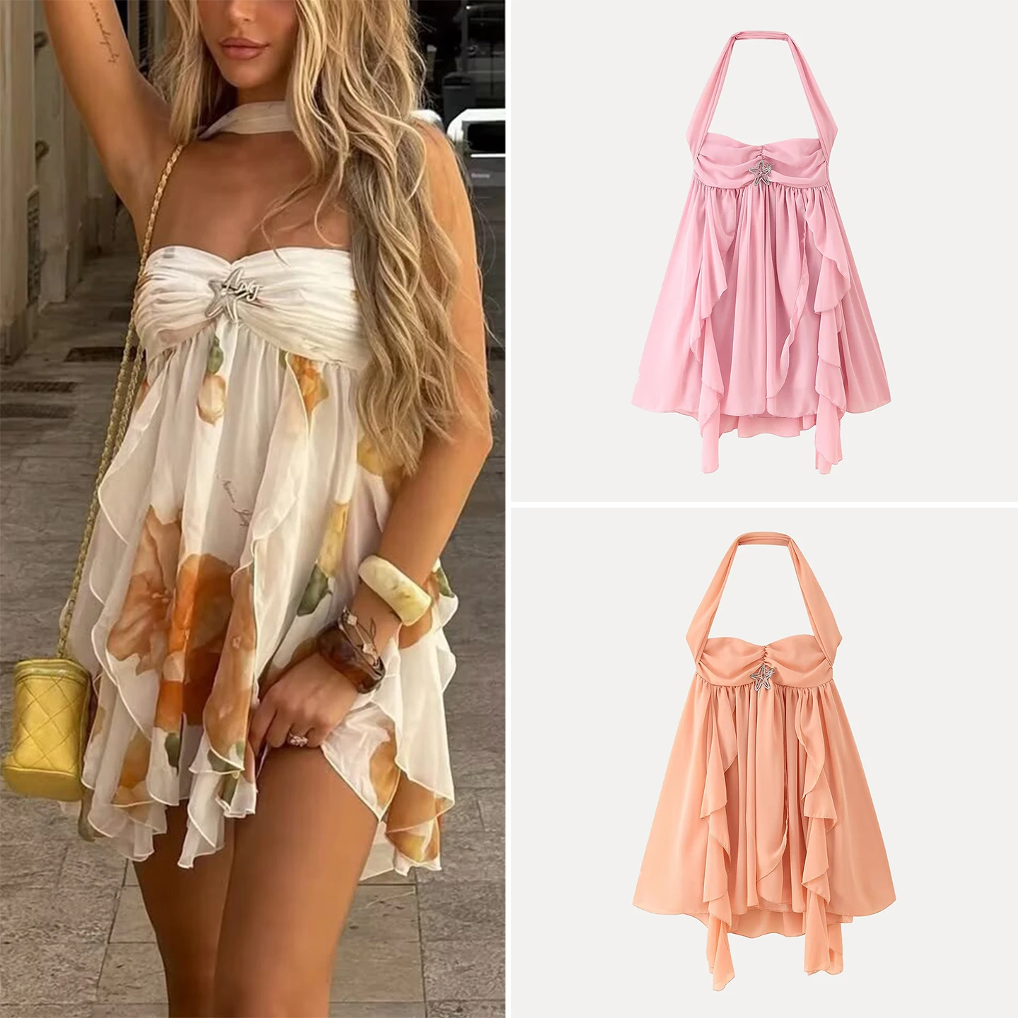 กระโปรงผ้าโพลีเอสเตอร์สไตล์ลำลองประดับโลหะสำหรับผู้หญิงแฟชั่นฤดูร้อนปี 2025 ใส่ได้ทุกวัน