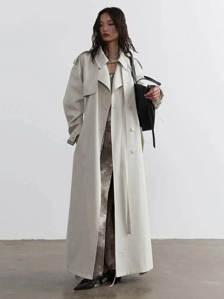 Big Women Size Beige Long Bandage Casual Trench New Lapel Long Sleeve Windbreaker Fashion Spring Autumn 2026 1DH9AW