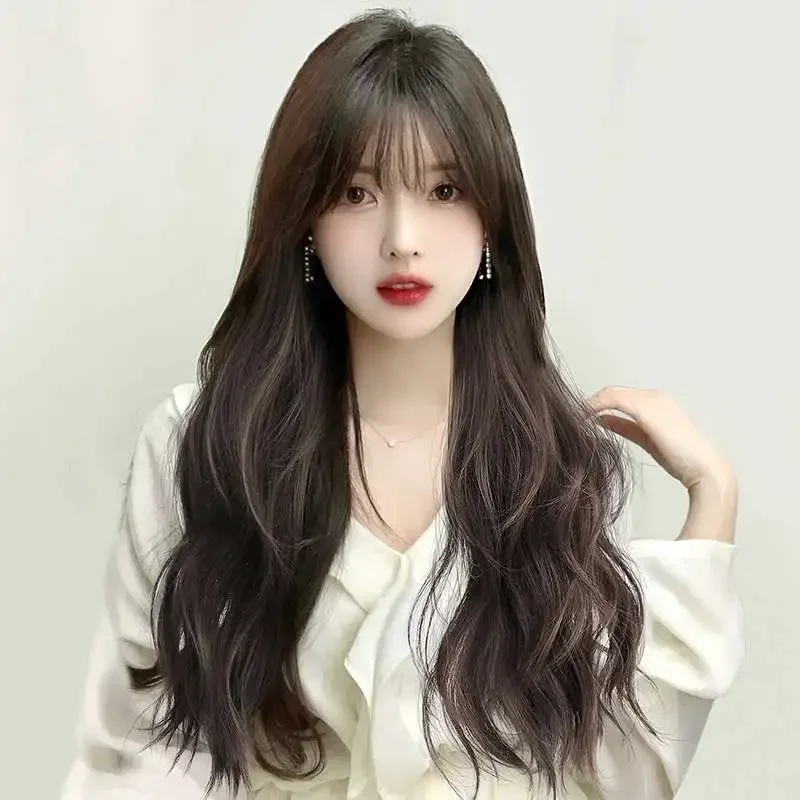 

ALXNAN HAIR Long Brown Wavy Synthetic Wigs with Bang Natural Wave Hair Wig for Black Women Daily Cosplay Heat Resistant Fiber