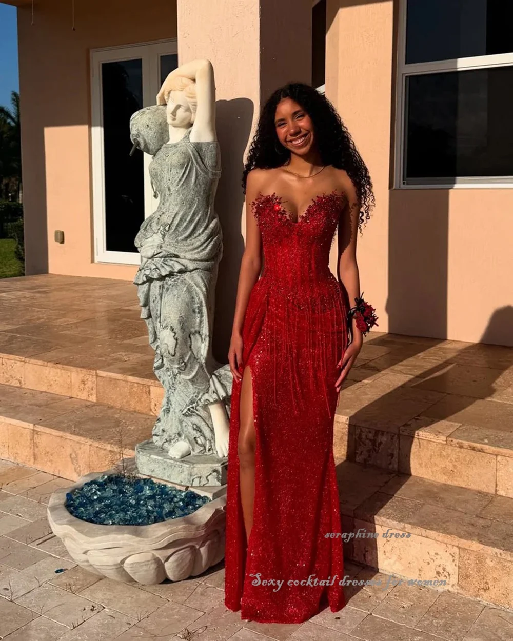 Sexy Pailletten-Stickerei-Abendkleider mit Schlitz, Meerjungfrau, formelles Cocktailkleid für Damen, Spitze, herzförmig, individuelle Ballkleider
