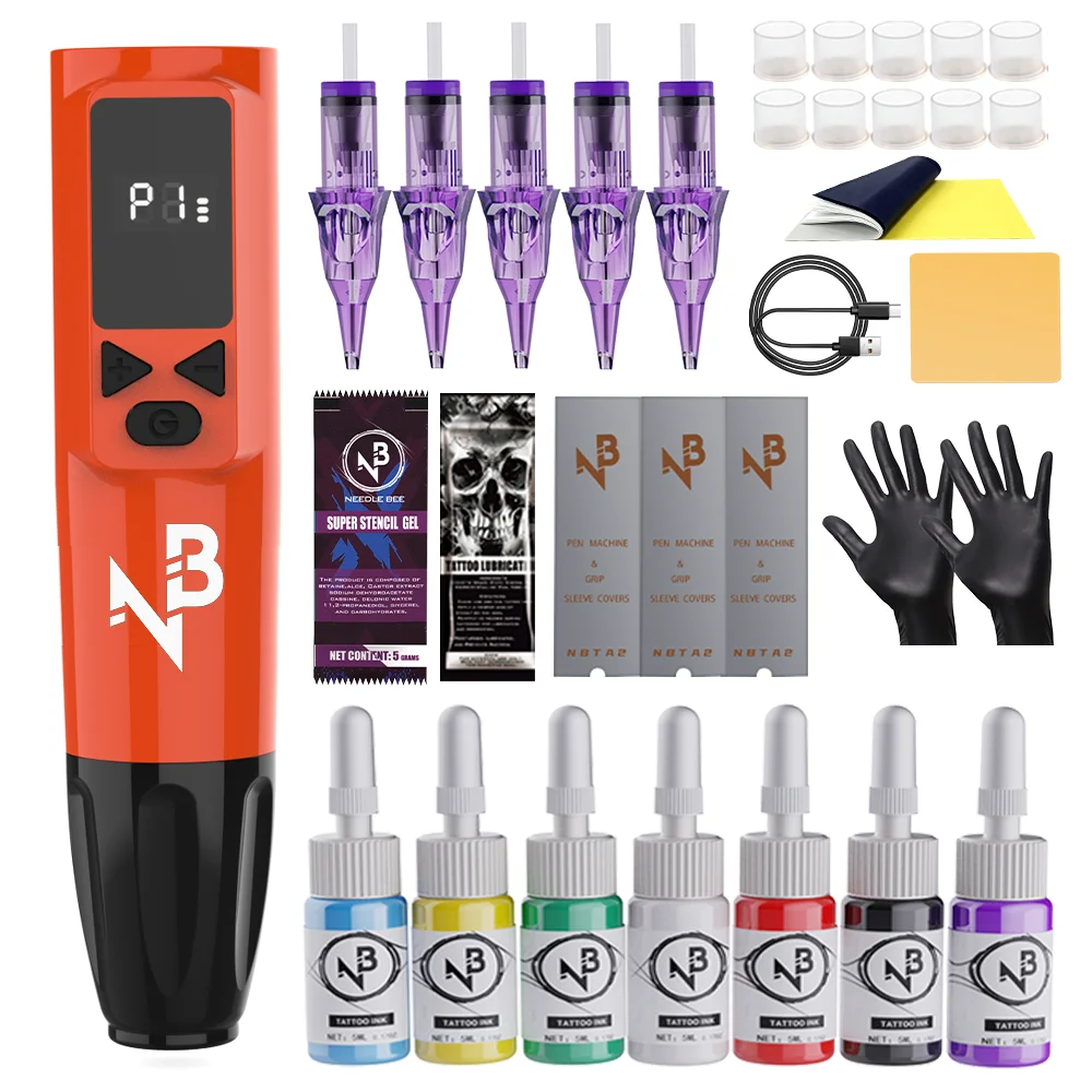 Orange Black Wireless Tattoo Pen Kit LED Display 7 Colors Ink Cartridge Needles Complete Tattoo Supplies for Beginners