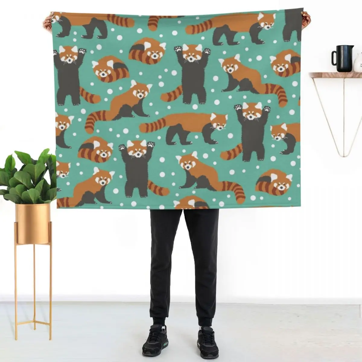 

Cute red panda pattern with white dots and turquoise background Throw Blanket Flannel Fleece Soft Warm Throw Blanket