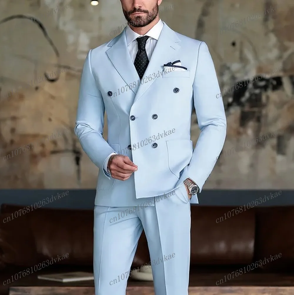 

New Light Blue Business Men Suit Groom Groomsman Tuxedos Wedding Party Prom Casual Formal Occasion 2 Piece Set Jacket Pants