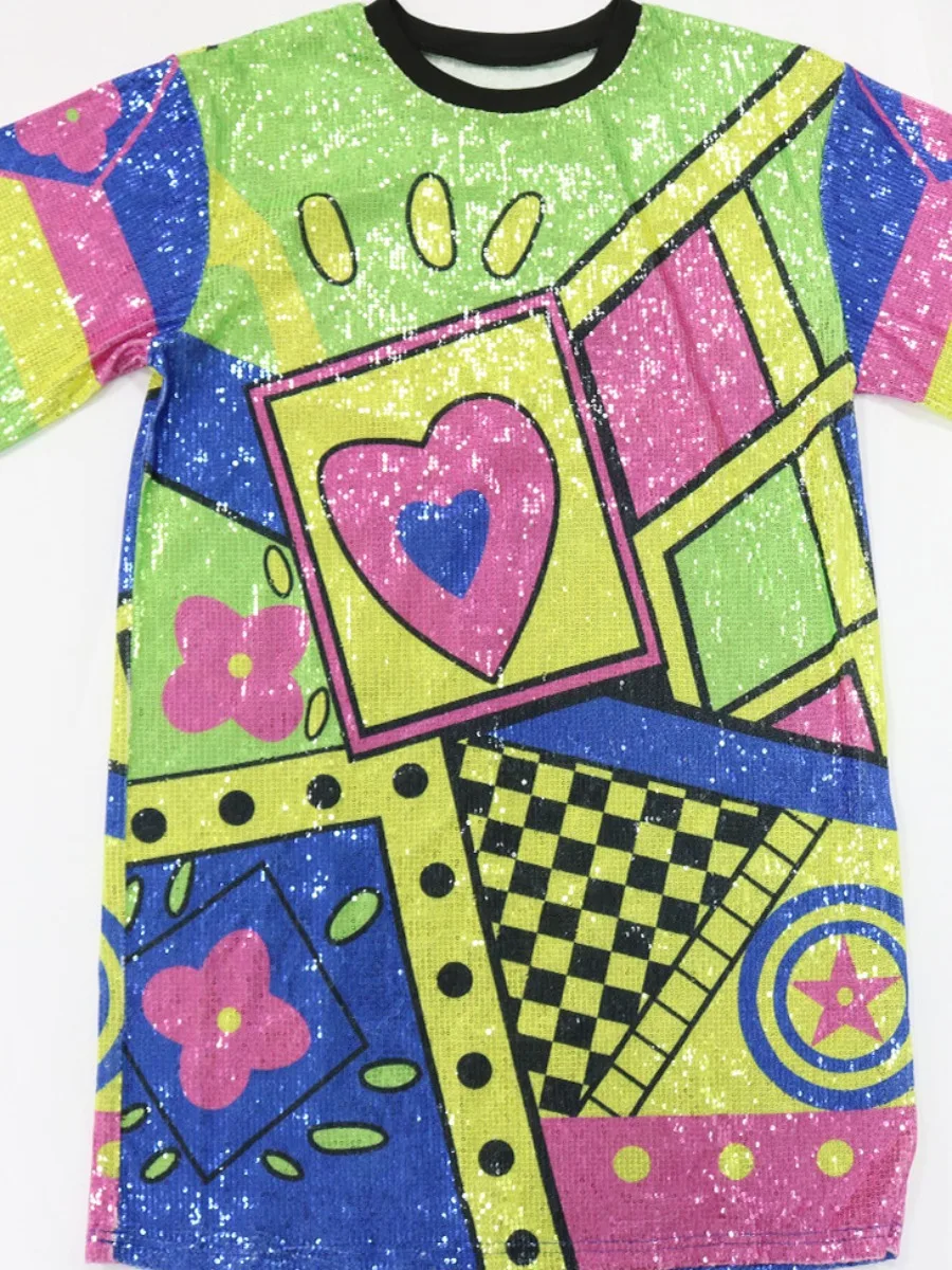 Lw Multicolor Pailletten Mini Jurken Hart Geruit Decor Pailletten T-Shirt Losse Jurk Halve Mouw Kleur Blok Party Night Clubwears