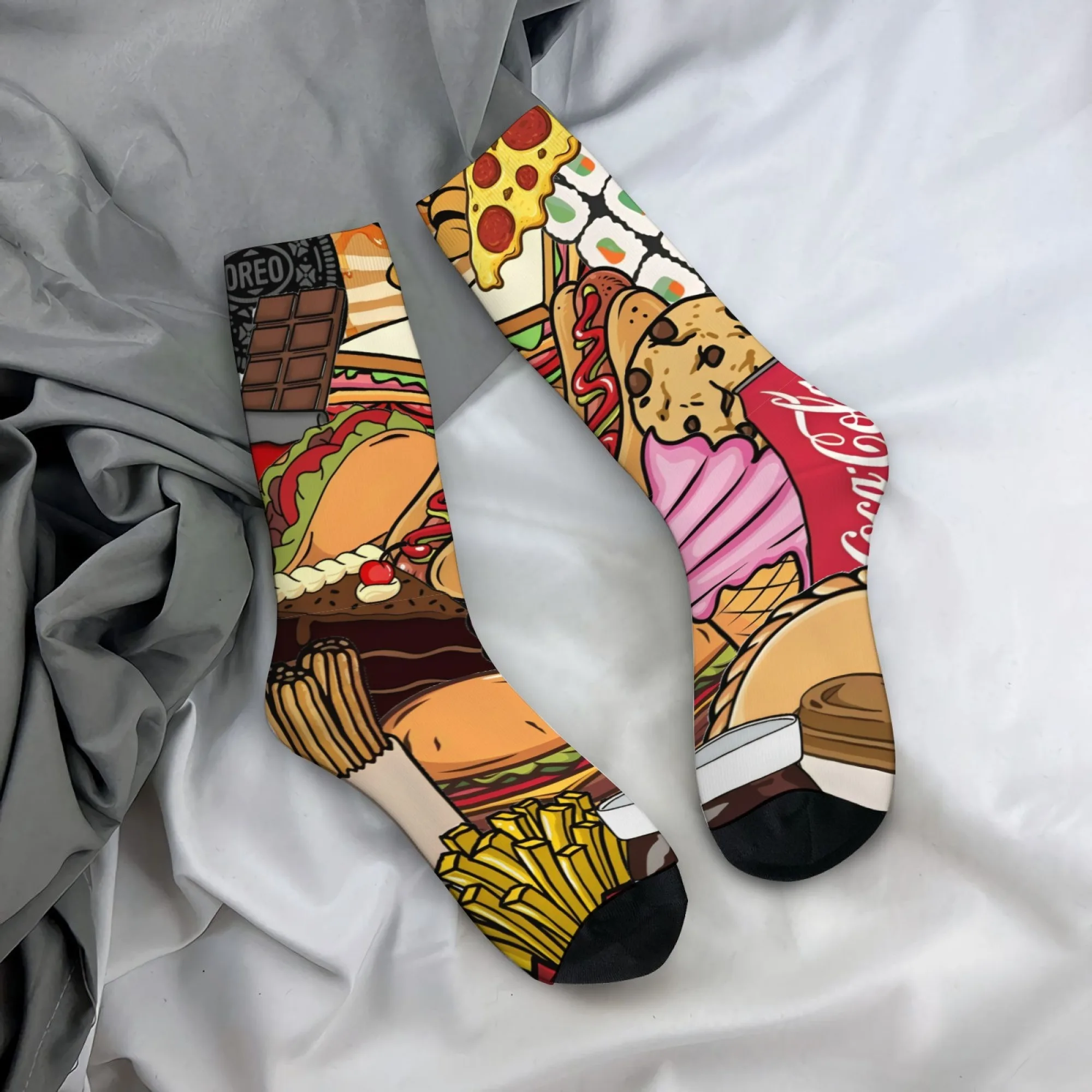 1 Pair Men Novelty Delicious Fast Food Crew Socks Machine Wash All Over Print Burger and Fries Pattern Casual Mid-Calf Length