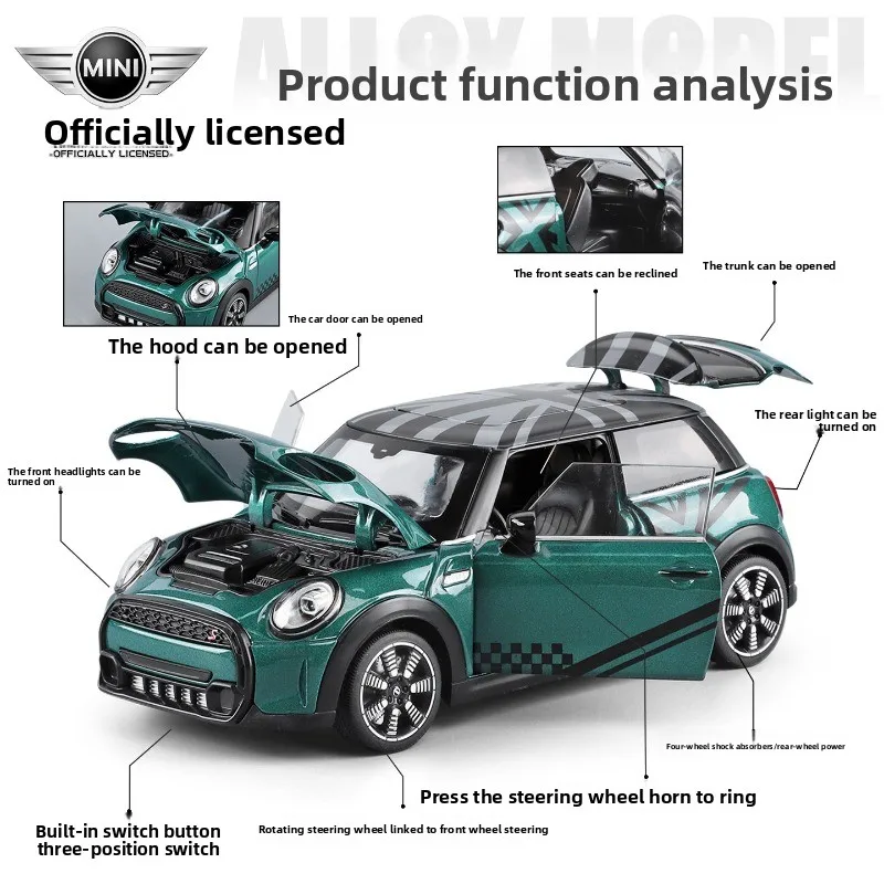 Officially Licensed 1:24  Cooper Alloy Car Model Diecast Toy Vehicle with Pull Back Light Sound Collection Miniature Voiture
