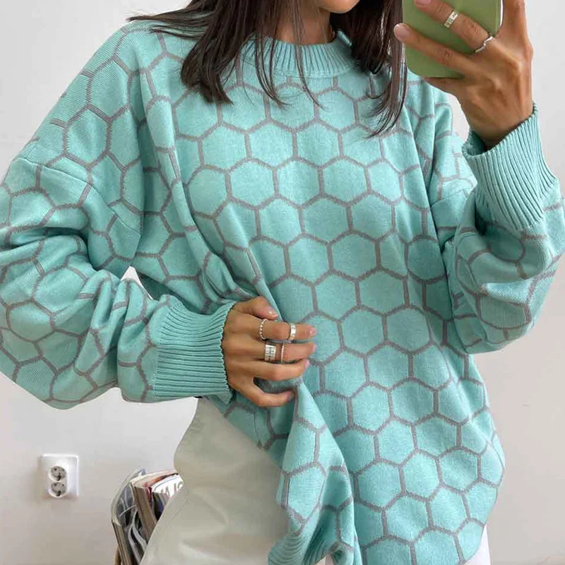 MSCSZ Fashion Geometric Printed Woman Sweater 2024 Crew Neck Long Sleeve Oversized Sweater Pullover Autumn Winter Long Sweaters