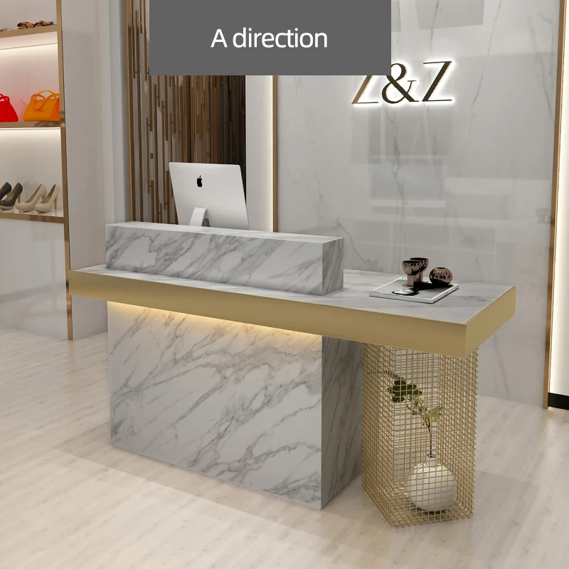 custom.White Marble Reception Desk Table Front Counter Stainless Steel Feet Flower Pot Design Bar Reception Desk