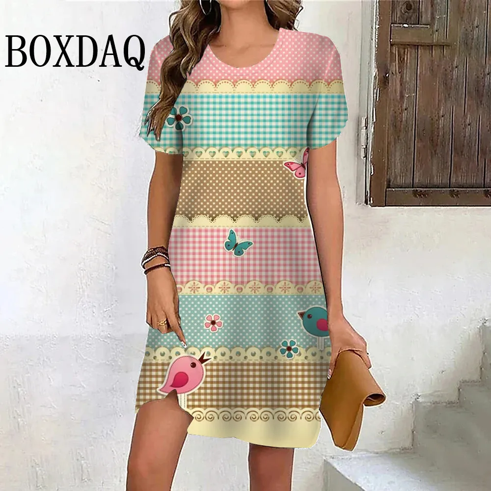 

Cartoon Plaid Women Kawaii Dresses Sweet Casual 3D Printed Short Sleeve Loose A-Line Dress Summer Fashion O-Neck Ladies Clothing