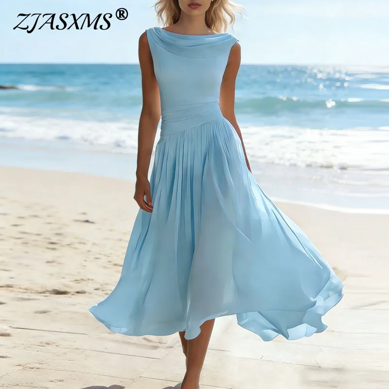 Frühling Sommer Ärmelloses Maxikleid mit Wasserfallausschnitt Elegantes Einfarbiges Kleid mit Geraffter Taille A-Linie Partykleid Lässiges Boho Langes Kleid Mujer
