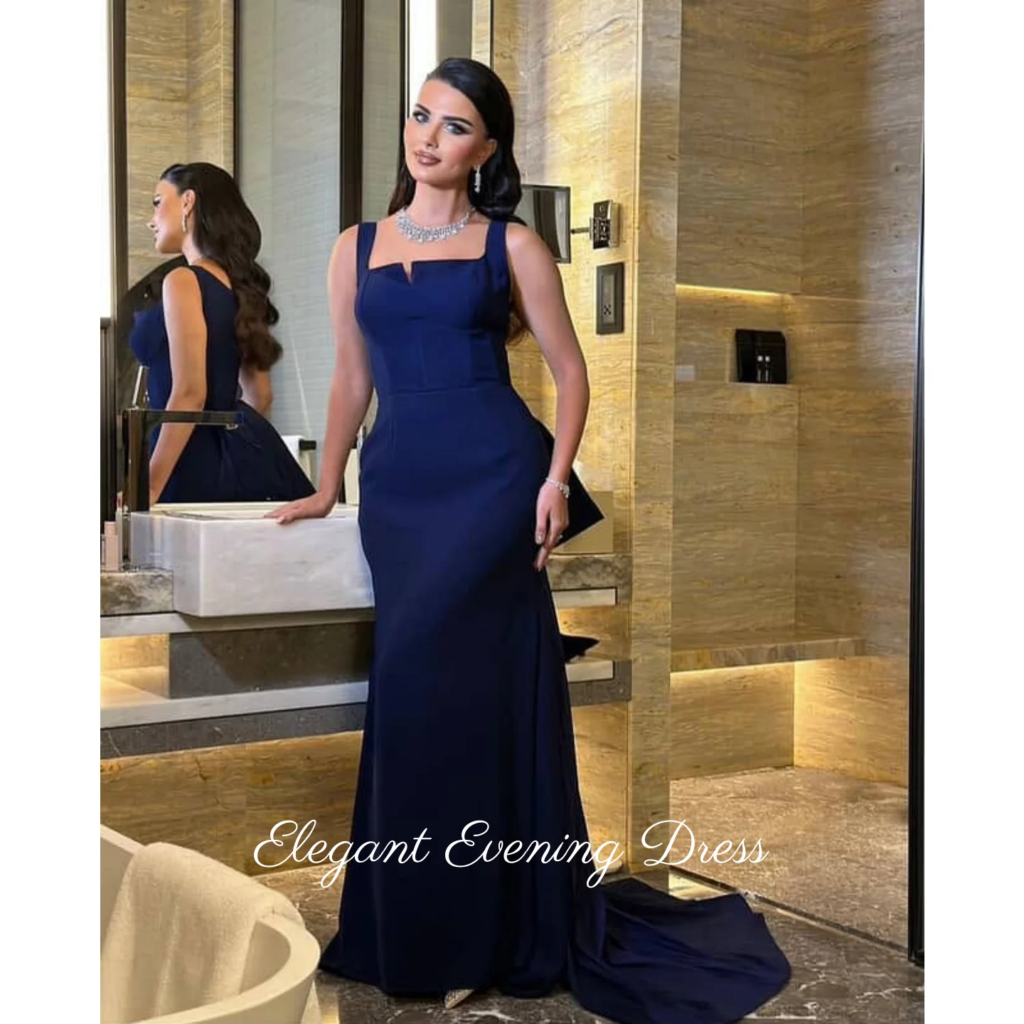 

Elegant Dark Blue Evening Dress A-Line Stain Formal Strapless Prom Dress Mermaid Wedding Party Gowns Customized Sizes Available