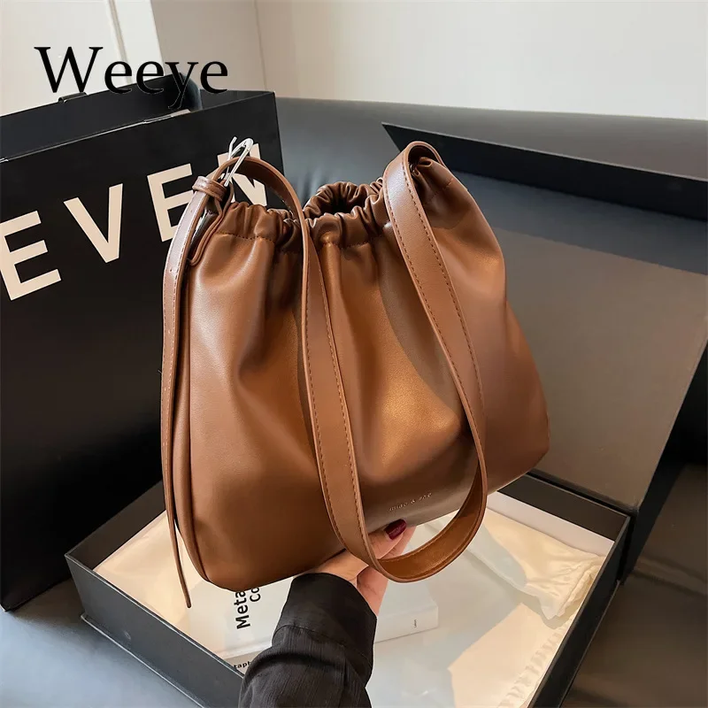 

New PU Bucket Bags Handbag Female Zipper Shoulder Handbags High Fashion Underarm Designer Bags