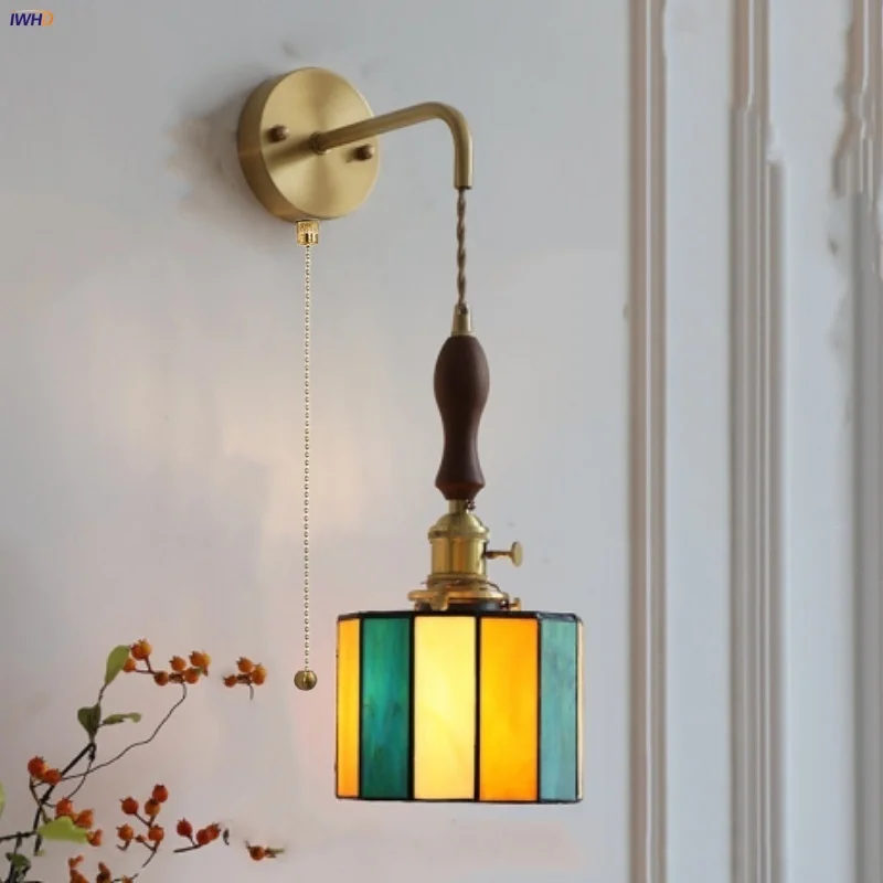 IWHD Colorful Vintage LED Wall Lights Reading Restaurant Bar Pull Chain Switch Walnut Wood Bathroom Vanity Mirror Light Lamparas