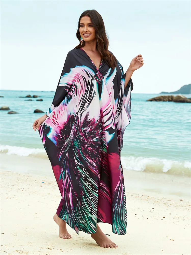 Casual Print dekolt w szpic 2024 wiosna lato z długim rękawem luźna odzież damska Kaftan Plus Size plażowe sukienki Maxi Q1588