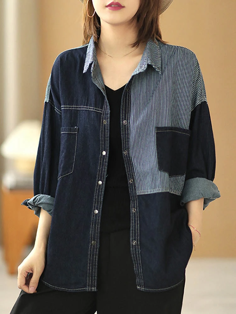 Max LuLu Autumn New Denim Shirt 2021 Women Deep Blue Patchwork Striped Blouses Pockets Long Sleeve Streetwear Ladies Loose Tops