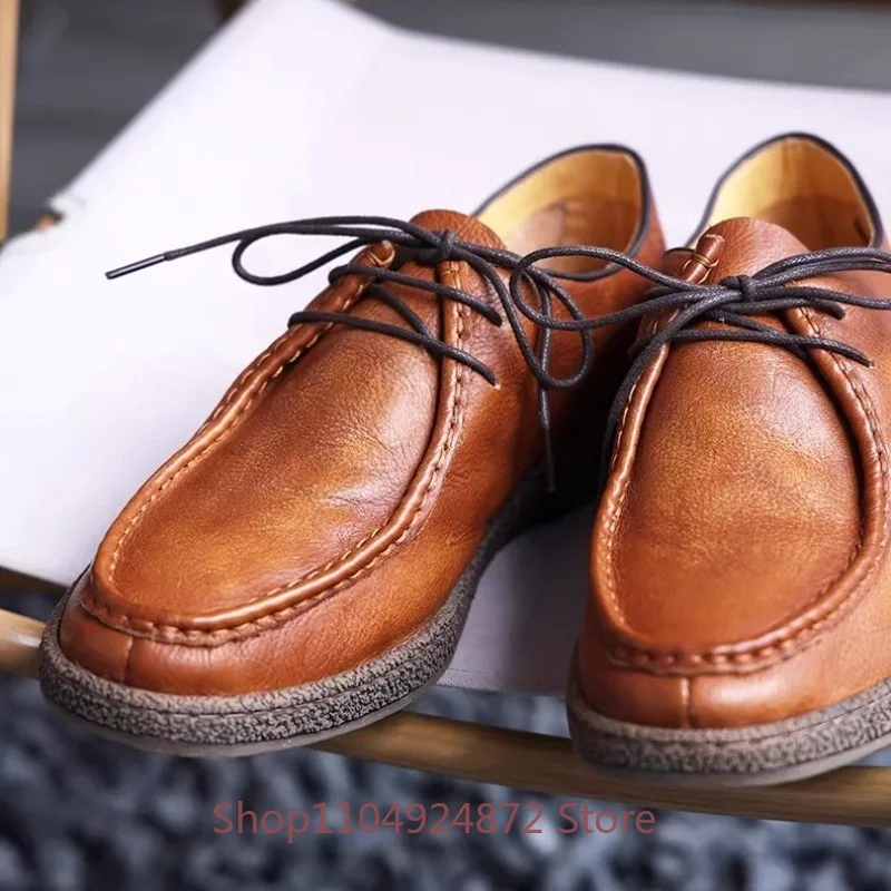 Men Summer Vintage Shoes Genuine Leather Hand-rubbed and Washed Casual Leather Shoes Soft Leather High-end Men Shoes, Trendy