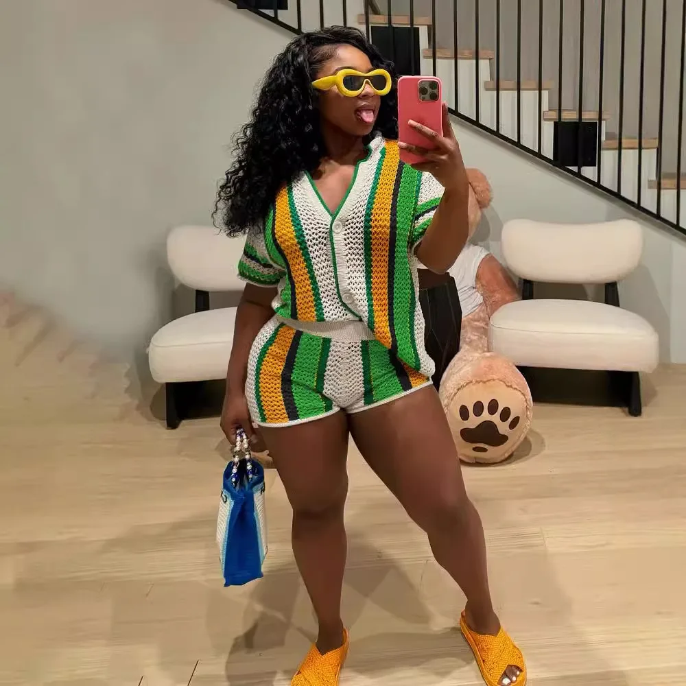 Shorts Pant Set Women Two Piece Sets Turn Down Collar Short Matching Sets Hollow Out Casual Loose Tops Elastic Waist Pants 2025