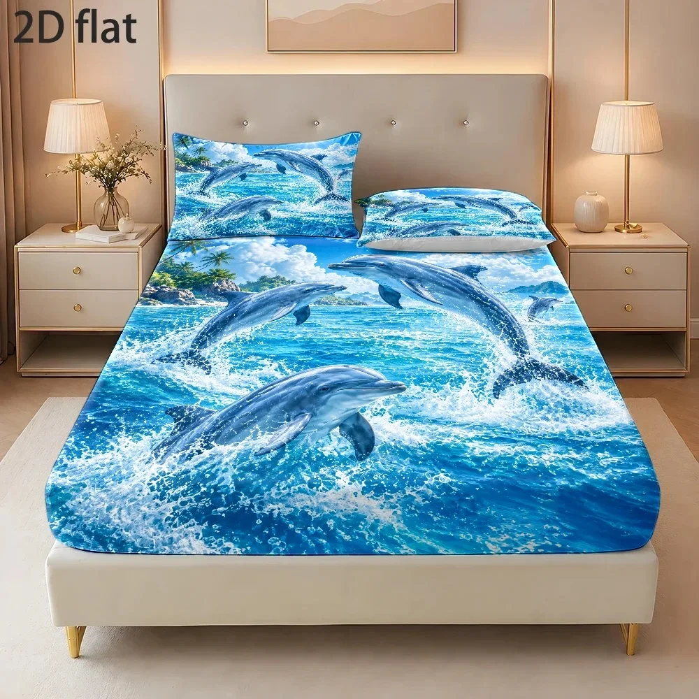 Dynamic Dolphin Printed Three-Piece Bedding Set (Includes 1 Fitted Sheet + 2 Pillowcases) 3-Piece Set, Large Capacity Deep Pocket 2D Printed Fitted Sheet and 2 Pillowcases, Mattress Protector, Fitted Elastic Style, Protective Cover, Mattress Protector, Suitable for All Seasons, Machine Washable Design, Holiday Decoration, Various Sizes, Breathable Protective Cover with Pillowcase