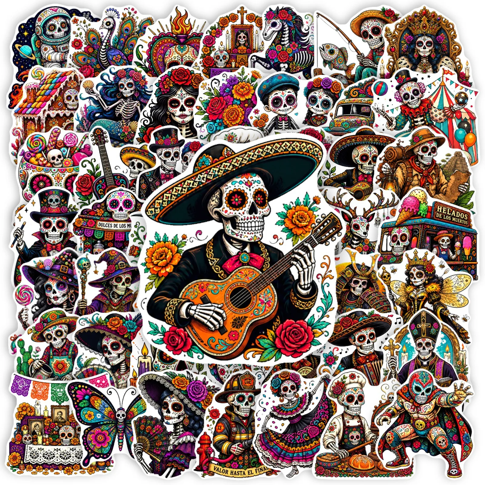 50 Pcs Creative Colorful Skull Theme Stickers Waterproof Durable Vinyl Decals for Laptop Phone Case Journal Gift