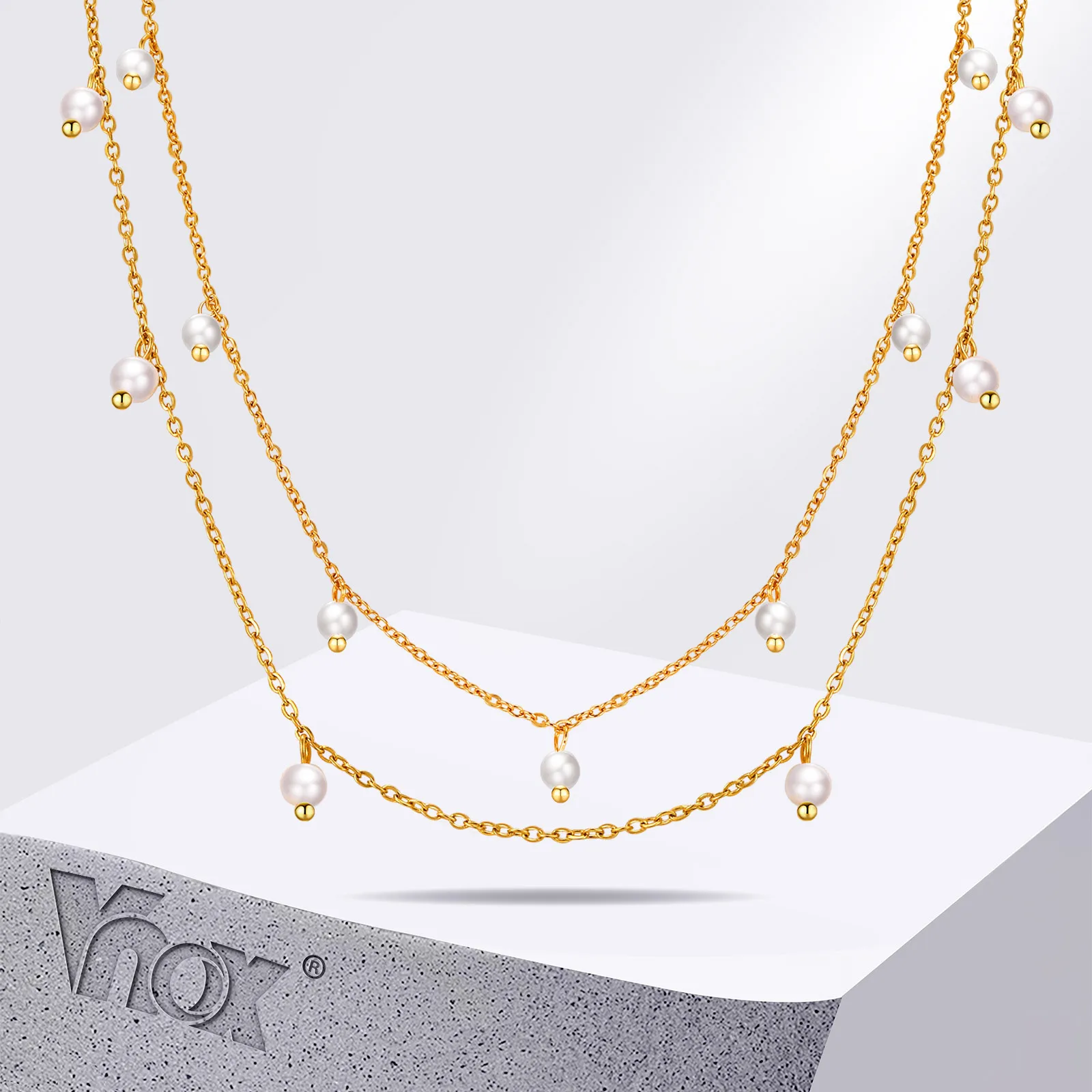 Vnox Shell Immitation Pearls Handmade Necklace for Girls Women, Fashion Stainless Steel Gold Plated Collar, Delicate Trendy Gift