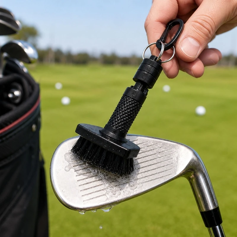 Golf Club Cleaner Brush with Carabiner Clip, Compact Black Carry Accessory for Fast Club Care During Rounds and 69HD