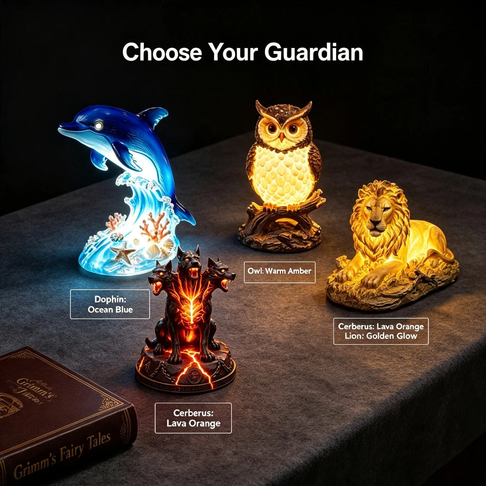 LED Resin Animal Night Light Dolphin, Owl Cerberus Lion Statue Lamp 3D, Illusion Desk Table Decor Bedroom Kids, Room Birthday Gi